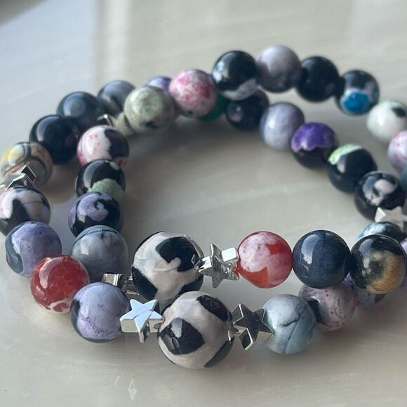 Hand crafted Colorful orca cow print ONE NEW stretch bracelet stars silver tone - Picture 5 of 8